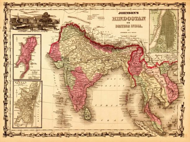 En karta från 1862 visade brittiska ägodelar i Hindoostan eller Indien.