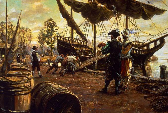 Bosättare rullar fat tobak uppför en ramp och på ett fartyg som förberedelse för export, Jamestown, Virginia, 1615.