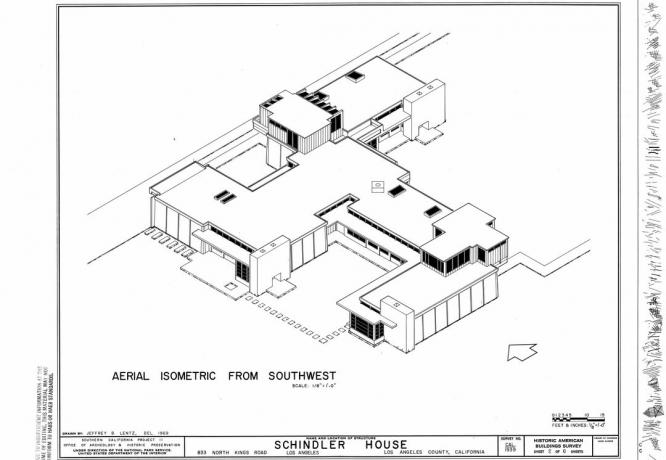 Aerial Isometric From Southwest Ritad av Jeffrey B. Lentz 1969, 1922 Schindler House i Los Angeles, Kalifornien
