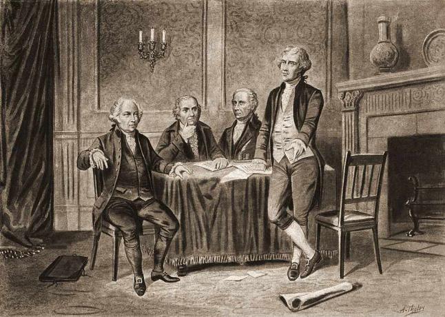Illustration av fyra av USAs grundare, från vänster, John Adams, Robert Morris, Alexander Hamilton och Thomas Jefferson, 1774.