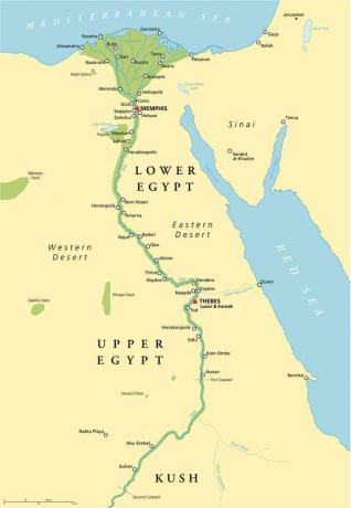 Historisk karta över antika Egypten med de viktigaste sevärdheterna, med floder och sjöar. Illustration med engelsk märkning och skalning.