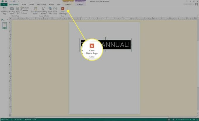 En skärmdump av Microsoft Publisher med knappen "Stäng huvudsidan" markerad