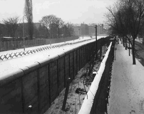 Liebenstrasse Vy över Berlinmuren med innervägg, dike och barrikader.