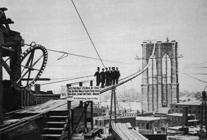 Fotografi av män på catwalken under konstruktion av Brooklyn Bridge.