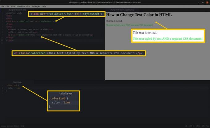 Kodredigerare med HTML och markerade sektioner till vänster och en HTML-förhandsvisning och markerade resultat till höger, och en CSS-redigeringspanel med markerade sektioner längst ner