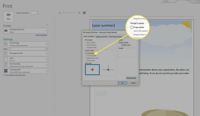 En skärmdump av Publisher's Advanced Output Settings-skärmen med alternativet Crop Marks markerat