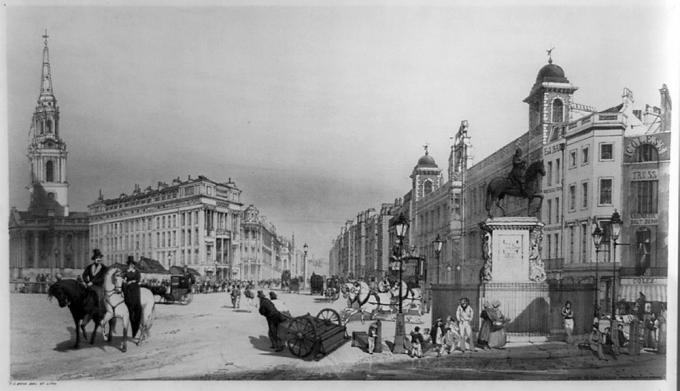 Inträde till Strand från Charing Cross, illustration som visar människor i London street, 1841