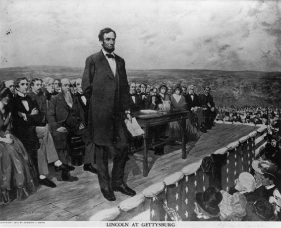 Abraham Lincoln, USA: s 16:e president, håller sitt berömda " Gettysburg Address"-tal den 19 november 1863.