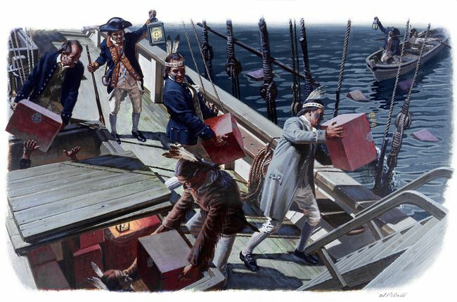 En målning som föreställer politisk protest av " Sons of Liberty" känd som Boston Tea Party den 16 december 1773 i Boston, Massachusetts.