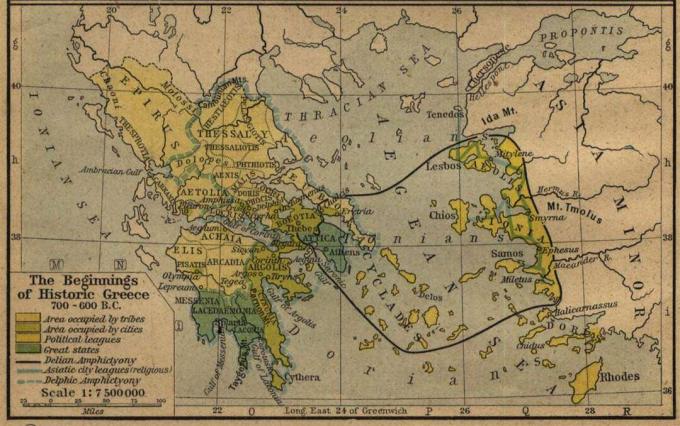 Karta som visar Grekland cirka 600 till 700 f.Kr. med Egeiska havet och Mindre Asien.