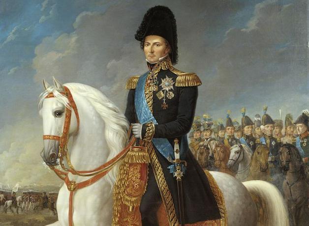 Målning av kronprins Charles John i en militär uniform ovanpå en häst.