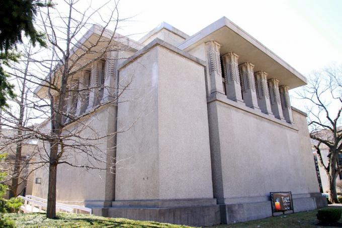 Massivt betong Unity Temple designat av Frank Lloyd Wright i Oak Park, Illinois