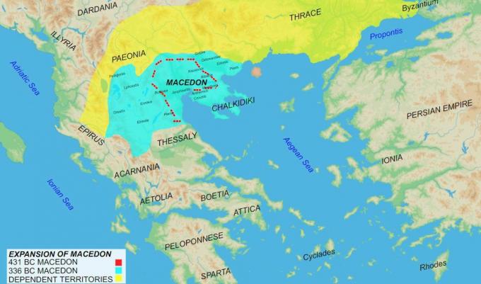 Makedoniska riketskarta som visar historia och tillväxt.