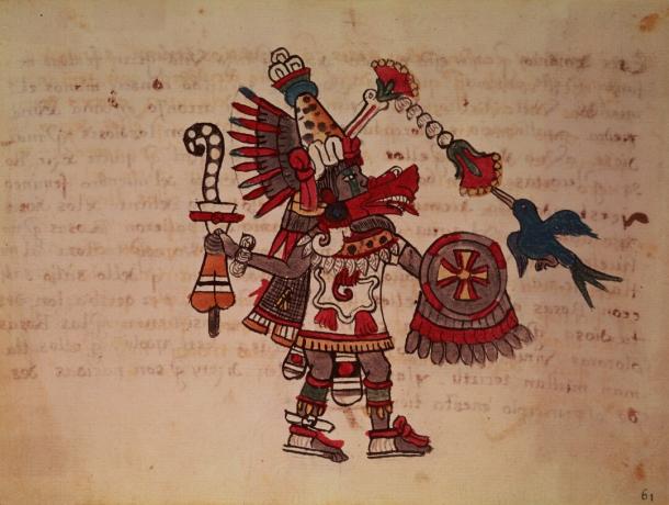 Quetzalcoatl, Toltec och Aztec gud; den plommade ormen, vindens gud, lärande och prästadömet, livets mästare, skapare och civilisator, beskyddare för varje konst och uppfinnare av metallurgi (manuskript)