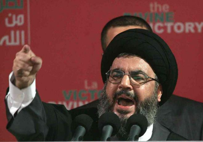 Hezbollah-ledaren Sayyed Hassan Nasrallah talar vid ett möte den 22 september 2006 i Beirut, Libanon.