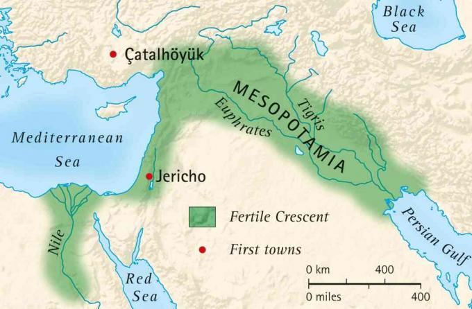 Karta över den bördiga halvmånen i Mesopotamien och Egypten och platsen för de första städerna