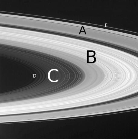 Diagram över Saturnus ringar med etiketter.