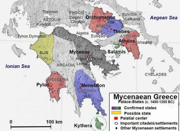 Karta som visar Mycenaean Greece från 1400 till 1250 f.Kr.