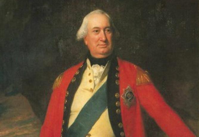 Generallöjtnant Lord Charles Cornwallis står i en röd brittisk arméuniform.