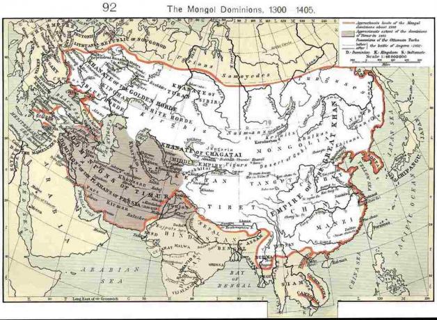 Karta som visar mongoliska dominans cirka 1300 till 1405.