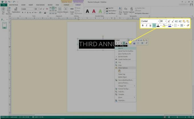 En skärmdump av Microsoft Publisher med textformateringsverktygen markerade