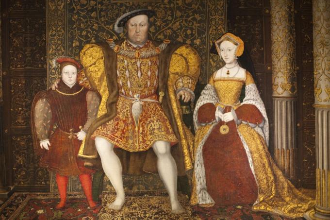 Kung Henry VIII, Jane Seymour och prins Edward målade i Great Hall på Hampton Court Palace i London