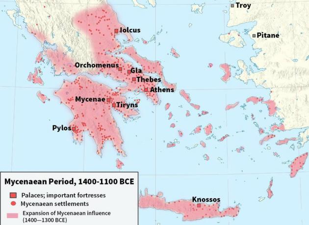 Karta som visar Mycenaen civilisation 1400 till 1100 f.Kr.