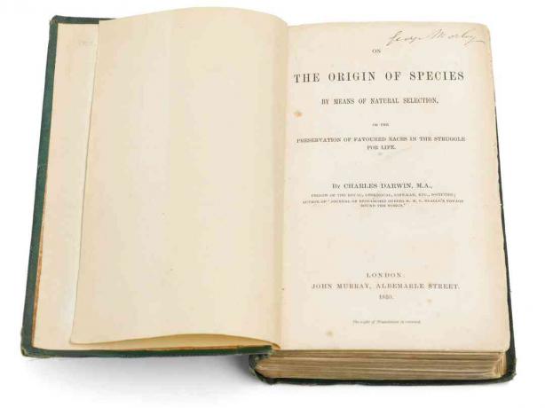 On the Origin of Species by Means of Natural Selection, av Charles Darwin, öppen bok