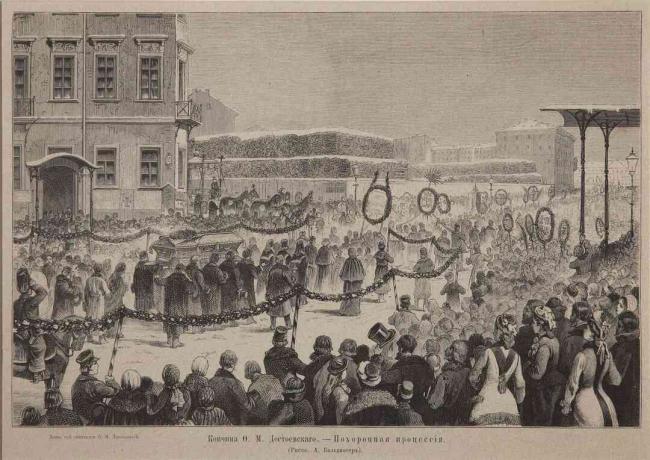 Illustration av folkmassor på gatorna vid en begravningsprocess