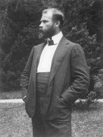 Den österrikiska konstnären Gustav Klimt. Nära Unterach am Attersee. Övre Österrike. Fotografera. Cirka 1910.