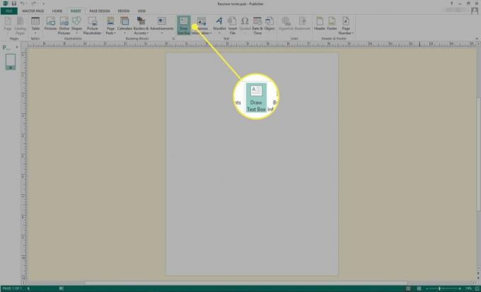 En skärmdump av Microsoft Publisher med kommandot Draw Text Box markerat