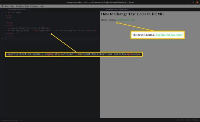 Kodredigerare med HTML och markerade sektioner till vänster och en HTML-förhandsvisning och markerade resultat till höger