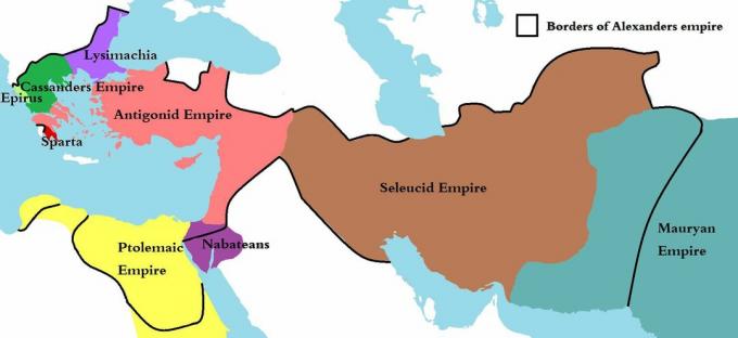 Diadochi-riken som visar namn och gränser för Alexanders imperium.