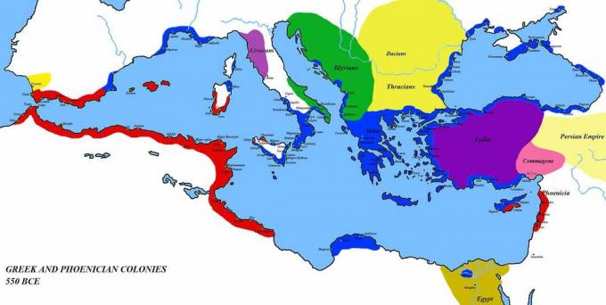 Karta som visar grekiska bosättningar och fönikiska bosättningar i 550 f.Kr.