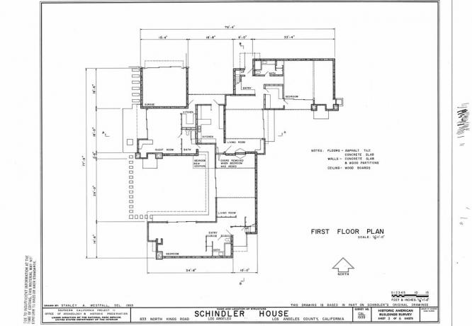 Första planlösningen av 1922 Schindler House i Los Angeles, Kalifornien, ritad av Stanley A. Westfall, 1969