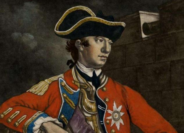 General William Howe i en röd brittisk arméuniform.