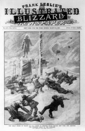 The Great Blizzard som avbildades på omslaget till en illustrerad tidning i mars 1888.