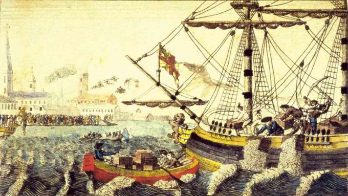 Konstnärs rendering av Boston Tea Party, Boston, Massachusetts, 16 december 1773.