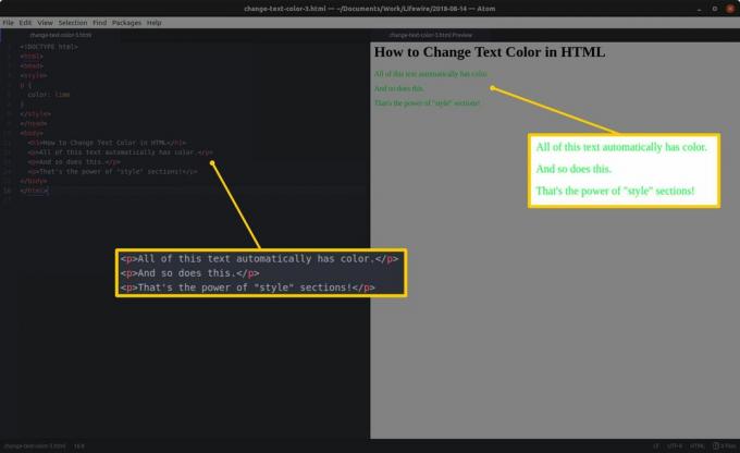 Kodredigerare med HTML och markerade sektioner till vänster och en HTML-förhandsvisning och markerade resultat till höger