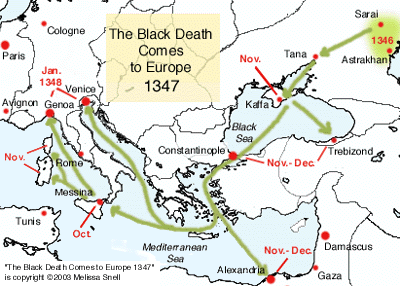 Ankomst av sjukdomen i Östeuropa och Italien Svartdöden kommer till Europa, 1347