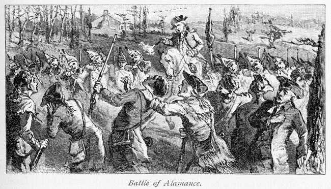Guvernör Tryons milisstyrkor skjuter mot tillsynsmyndigheterna under slaget vid Alamance, det sista slaget i War of the Regulation.