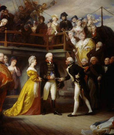 George III besöker Admiral Howes skepp, drottning Charlotte, 26 juni 1794, målning av Henry Perronet Briggs (1791 till 1793-1844), olja på duk, 1625x2555 cm, England, 1828