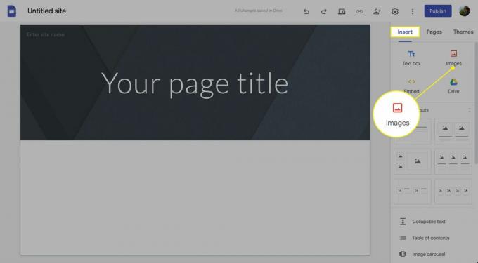 Objektet Bilder under menyn Infoga i Google Sites
