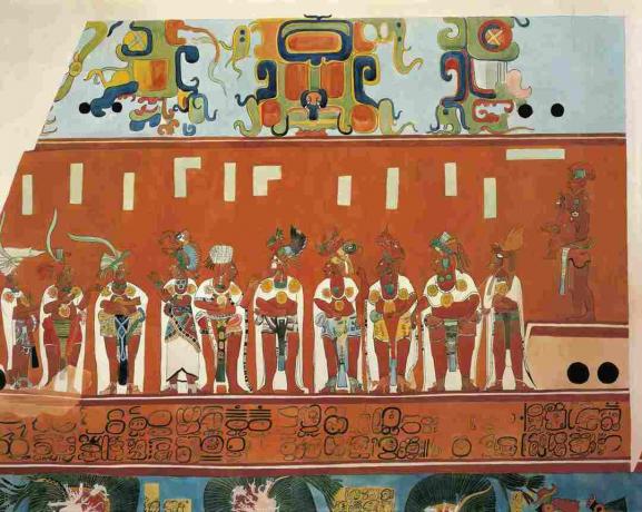 Fresker i Bonampak, Chiapas (Mexiko). Detalj som visar en scen av en högtid. (rekonstruktion)