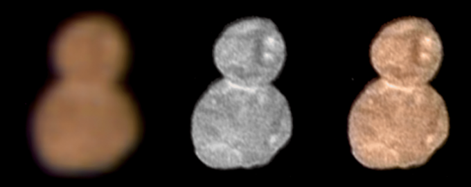 De första färgbilderna från 2014 MU69 Ultima Thule. Det rödaktiga materialet är troligen en beläggning som skapas av ultraviolett ljusinteraktion med isen.