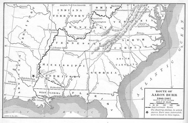 Kartan illustrerar USA: s förre vicepresident Aaron Burrs ungefärliga rutt under hans resa nerför Mississippifloden i vad som blev känt som Burr-konspirationen 1806-1807